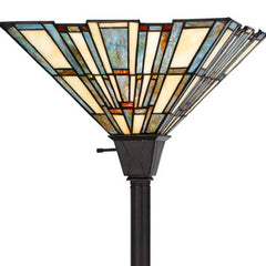 72" Bronze Torchiere Floor Lamp featuring a gray and ivory abstract Tiffany glass shade with a unique geometric design.
