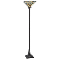 72" Bronze Torchiere Floor Lamp featuring a gray and ivory abstract Tiffany glass shade with a decorative base.