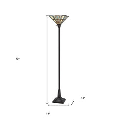 72" Bronze Torchiere Floor Lamp featuring a gray and ivory abstract Tiffany glass shade, standing on a sturdy base.