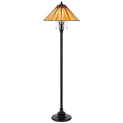 61" bronze floor lamp with a red and ivory abstract Tiffany glass empire shade, featuring two light bulbs and a traditional d