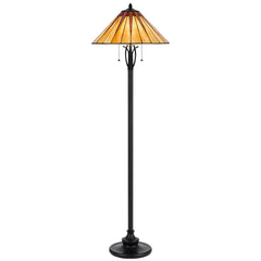 61" bronze floor lamp with a red and ivory abstract Tiffany glass empire shade, featuring a traditional design and pull chain