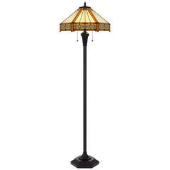 60" bronze floor lamp with an orange and ivory abstract Tiffany glass empire shade, featuring a traditional design and two li
