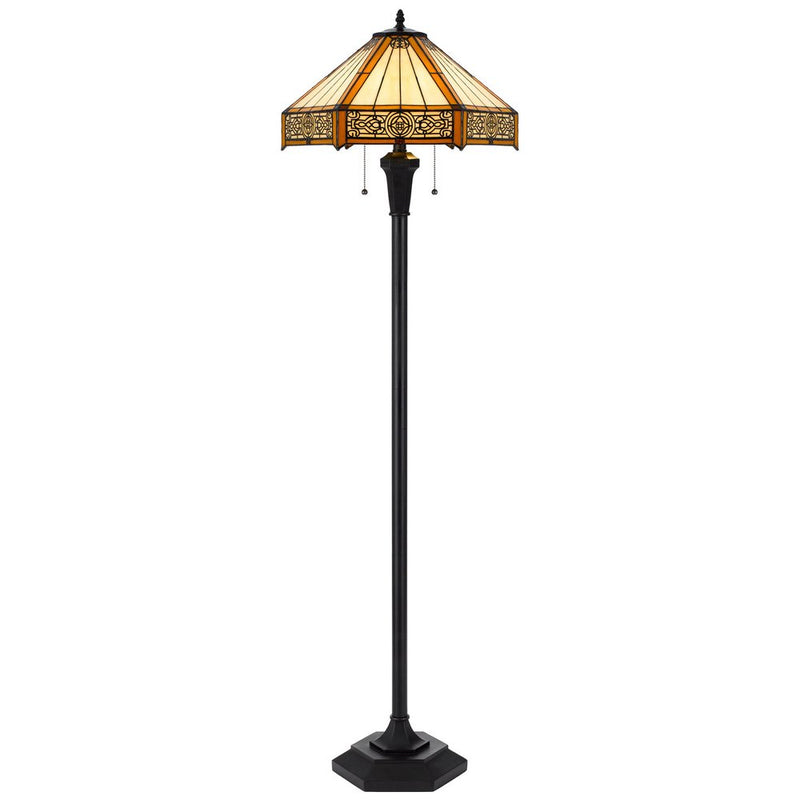 Bronze metal floor lamp with an orange and ivory abstract Tiffany glass shade.