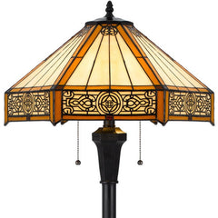 60" Bronze Two Light Traditional Floor Lamp featuring an orange and ivory abstract Tiffany glass empire shade.