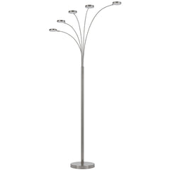 82" Nickel Five Light LED Arc Floor Lamp with a sleek design featuring five curved arms and a sturdy base.