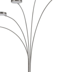 82" Nickel Five Light LED Arc Floor Lamp with sleek, curved arms and modern design, featuring five circular light fixtures.