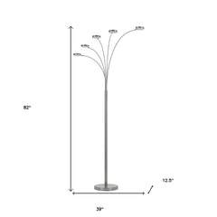 82" Nickel Five Light LED Arc Floor Lamp with a sleek design, featuring five curved arms and a sturdy base.