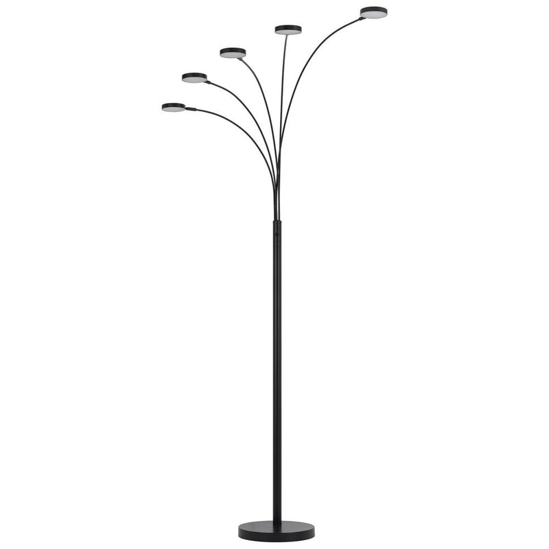 Bronze metal five-light LED arc floor lamp with a curving arm.
