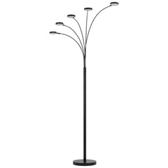 82" Bronze Five Light LED Arc Floor Lamp with a sleek design featuring five curved arms and circular light fixtures.