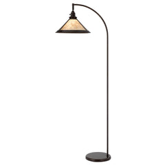65" Bronze Traditional Floor Lamp with a white empire shade, featuring a curved arm and a round base for stability.