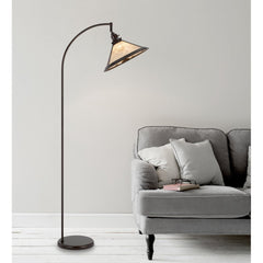 65" Bronze Traditional Shaped Floor Lamp with White Empire Shade, featuring a sleek design beside a cozy gray sofa.