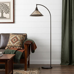 65" Bronze Traditional Floor Lamp with White Empire Shade, featuring a curved arm and a stylish design in a cozy living room 