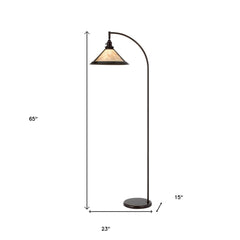65" bronze traditional floor lamp with a white empire shade, featuring a curved arm and a round base. Dimensions: 23" x 15".
