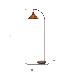 65" rusted traditional floor lamp with a rust empire shade, featuring a curved arm and a round base. Dimensions: 65" H x 23" 