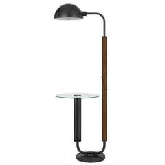 63" brown tray table floor lamp featuring a bronze transparent glass dome shade and a stylish wooden and metal base.