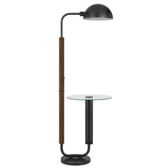 63" brown tray table floor lamp with a bronze transparent glass dome shade and a sleek black base.