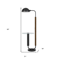 63" brown tray table floor lamp with a bronze transparent glass dome shade and a sleek design, featuring a wooden pole and gl