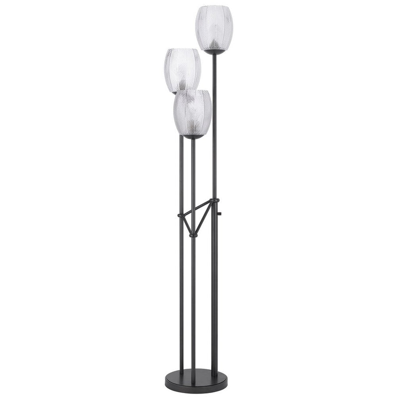 Black metal traditional floor lamp featuring three lights and clear glass shades.