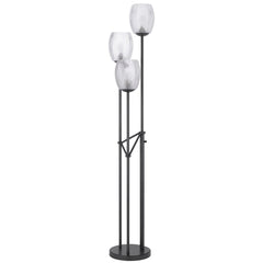 71" black three-light floor lamp with clear glass shades, featuring a traditional design and a sturdy base.