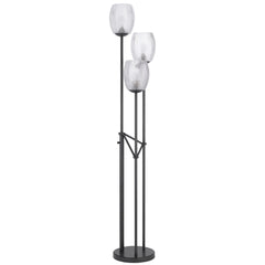 71" black floor lamp with three traditional-shaped clear glass shades, featuring a sleek design and sturdy base.