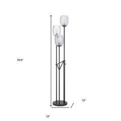 71" Black three-light floor lamp with clear glass shades, featuring a modern design and sturdy base. Dimensions: 70.5" x 12".