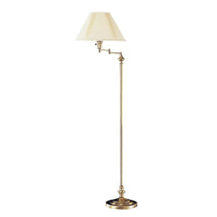 59" Bronze Metal Swing Arm Floor Lamp with a beige fabric empire shade, featuring an adjustable arm and a round base.