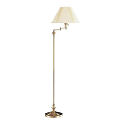 59" Bronze Metal Swing Arm Floor Lamp with a beige fabric empire shade, featuring an adjustable arm and a round base.