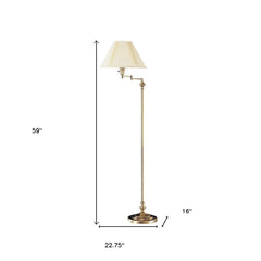 59" Bronze Metal Swing Arm Floor Lamp With Beige Fabric Empire Shade