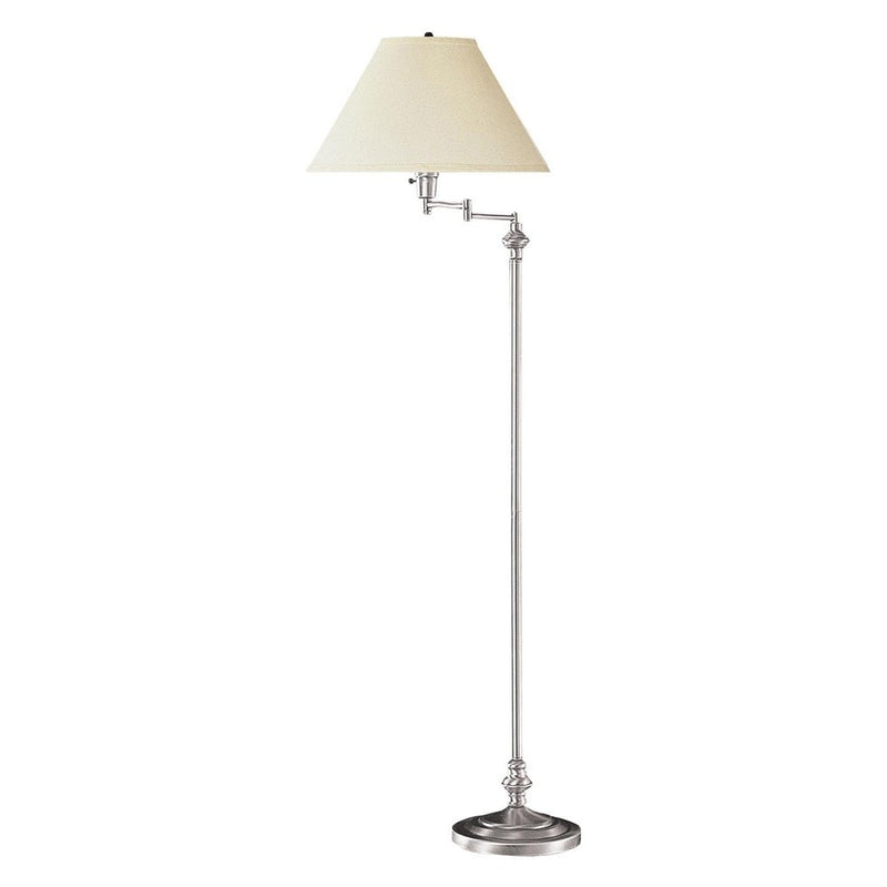Nickel-finished swing arm floor lamp with a beige fabric empire shade.