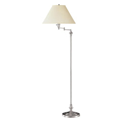 59" Nickel Swing Arm Floor Lamp with a beige fabric empire shade, featuring a sleek design and adjustable arm for versatile l