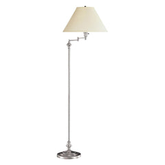 59" Nickel Swing Arm Floor Lamp with a beige fabric empire shade, featuring a sleek design and adjustable arm for versatile l