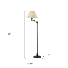 59" bronze swing arm floor lamp with a beige empire shade, featuring adjustable arm and a sturdy base. Dimensions: 59" height