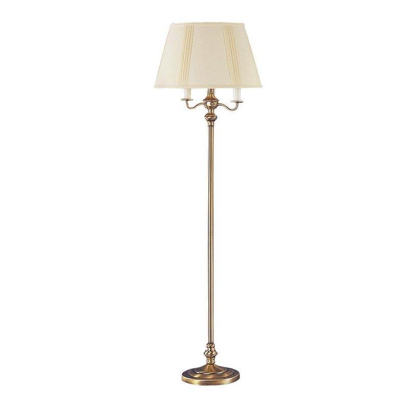 Traditional bronze metal floor lamp featuring a straight pole and beige square fabric shade.