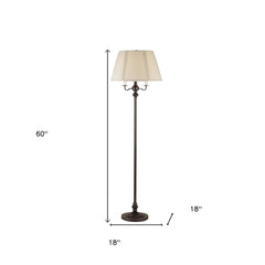 60" bronze metal floor lamp with beige fabric square shade, featuring four light fixtures and a sturdy base.
