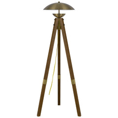 55" Brass Tripod Floor Lamp with an antiqued brass dome shade and wooden tripod base, featuring a yellow power cord.