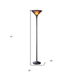 71" rusted torchiere floor lamp with a brown dome shade, featuring a sturdy base and elegant design. Dimensions: 71" height, 