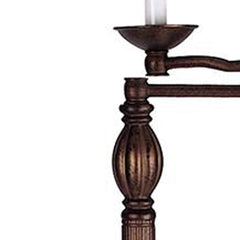 62" rusted swing arm floor lamp featuring a decorative champagne bell shade and an ornate base design.