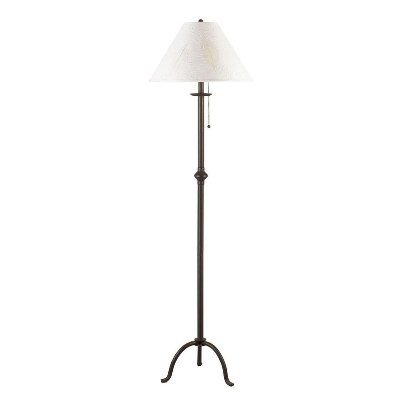 Black metal floor lamp with a straight pole, base, and white paper empire shade.