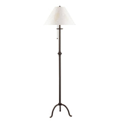 57" black traditional floor lamp with a white empire shade, featuring a pull chain switch and a classic design.