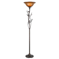 72" Amber Torchiere Floor Lamp with a brown glass dome shade and decorative branch design on the pole. Elegant lighting for a