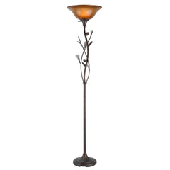 72" Amber Torchiere Floor Lamp with a brown glass dome shade and decorative floral design on the stem. Elegant and stylish li