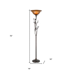 72" Amber Torchiere Floor Lamp with a brown glass dome shade and decorative leaf design, dimensions 72" height and 16" width.