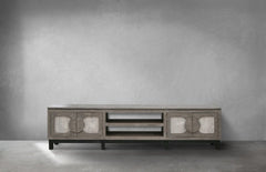 93" Gray Solid Wood Cabinet Enclosed Storage Distressed TV Stand with two doors and open shelves for media storage.