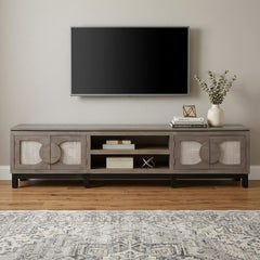 93" Gray Solid Wood Cabinet Enclosed Storage Distressed TV Stand with mesh doors, open shelves, and a modern design.