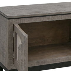 Gray solid wood cabinet with a distressed finish, featuring an open storage compartment and a door. Ideal for TV stands.