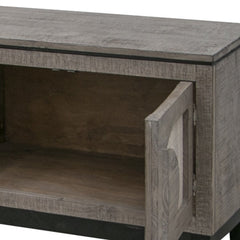 Gray solid wood cabinet with an enclosed storage space and a distressed finish, ideal for a TV stand.