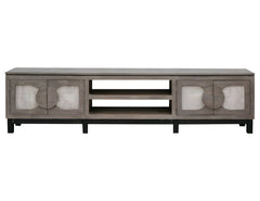 93" Gray Solid Wood Cabinet Enclosed Storage Distressed TV Stand with two cabinets and open shelves for media storage.