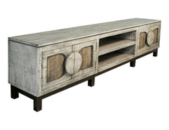 93" White Solid Wood Cabinet Enclosed Storage Distressed TV Stand with two doors and open shelves for media storage.