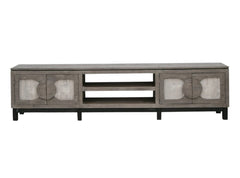 93" White Solid Wood Cabinet Enclosed Storage Distressed TV Stand with circular door designs and open shelving.