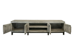 93" White Solid Wood Cabinet Enclosed Storage Distressed TV Stand with four doors and open shelves for storage.